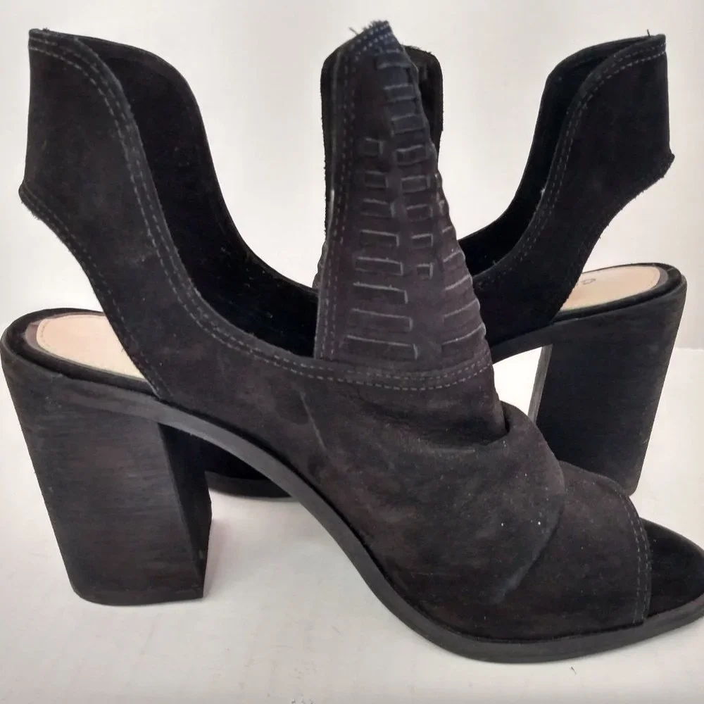 Gianni Bini Booties Size 8 M Black Suede Leather Open-Toed Shoe High Block Heel